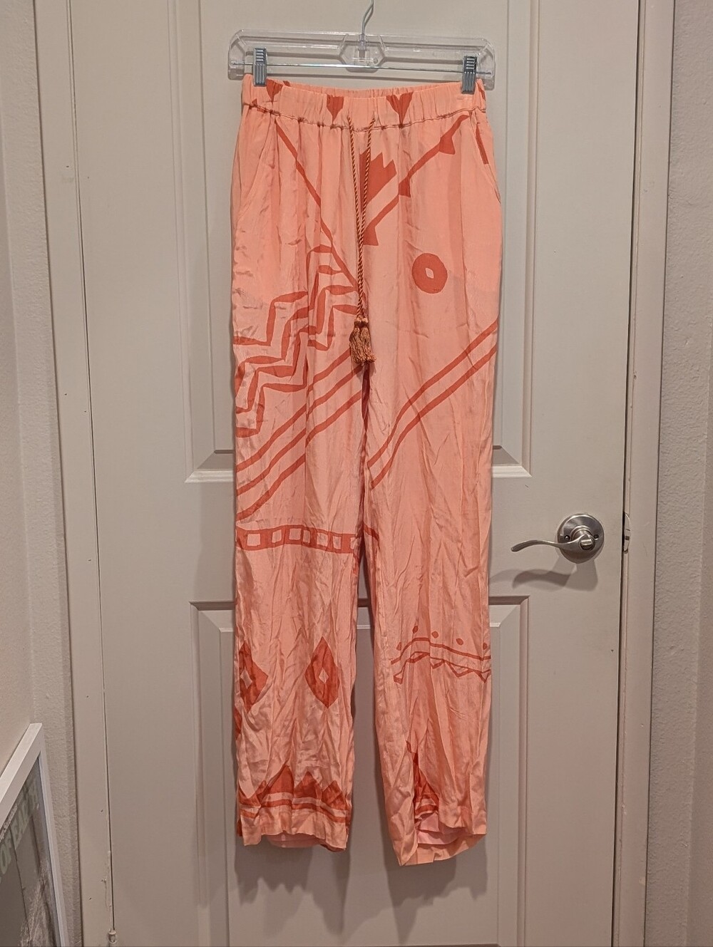 Cecilie Copenhagen Viscose Light Coral Printed Drawstring Straight-Leg Pants